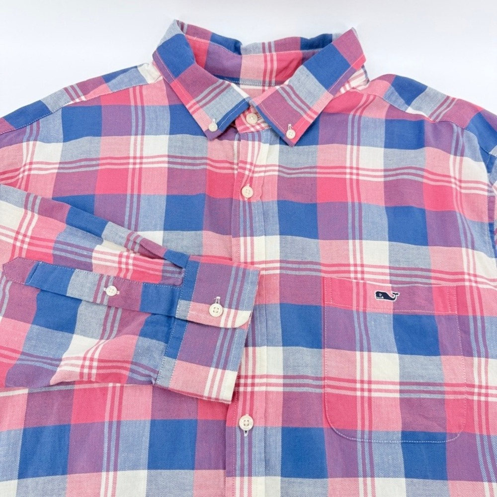Vineyard Vines Tucker Shirt Mens 2XL Pink Blue Plaid Cotton Linen Classic Fit